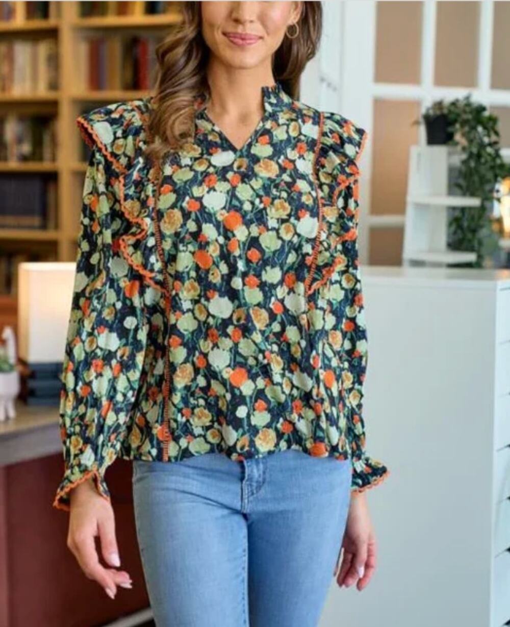Hailey & Co Floral Ruffle Peasant Blouse Small Boho Cottagecore Fall Top Floral